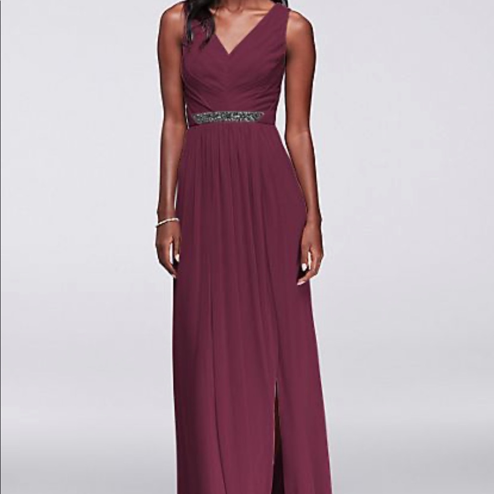 Long Mesh Dress with V-Neck and Beaded Waistband